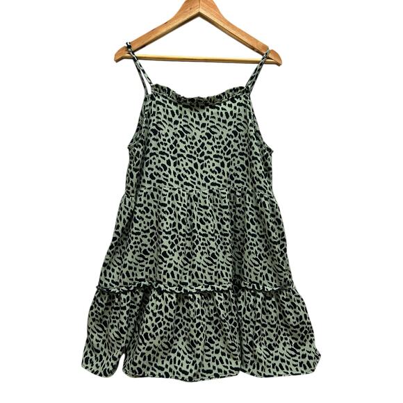 Jodifl Tiered Leopard Print Ruffle Dress Medium Sleeveless Green Black‎ - Picture 2 of 5